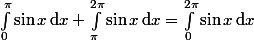 \int_0^\pi \sin x\,$d$x+ \int_\pi^{2\pi} \sin x\,$d$x=\int_0^{2\pi} \sin x\,$d$x